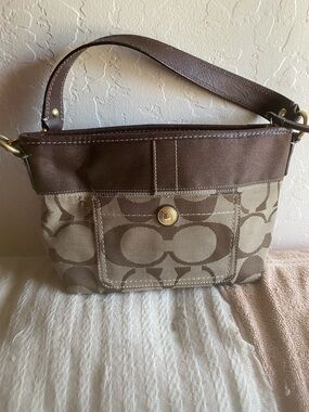 Coach Brown Signature Canvas Shoulder Bag with Leather Trim